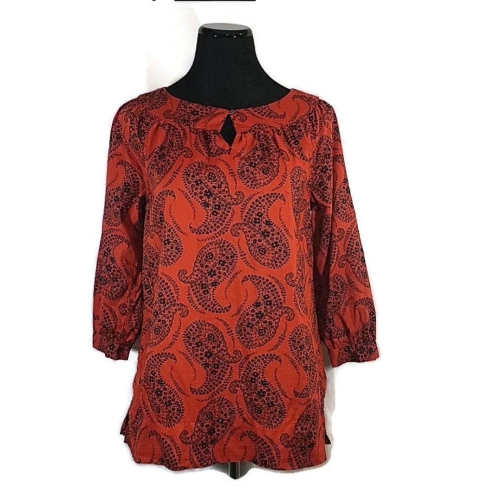 Lands’ End Size 6 Rust Paisley Tunic Blouse Boho-Folk 3/4 Sleeve